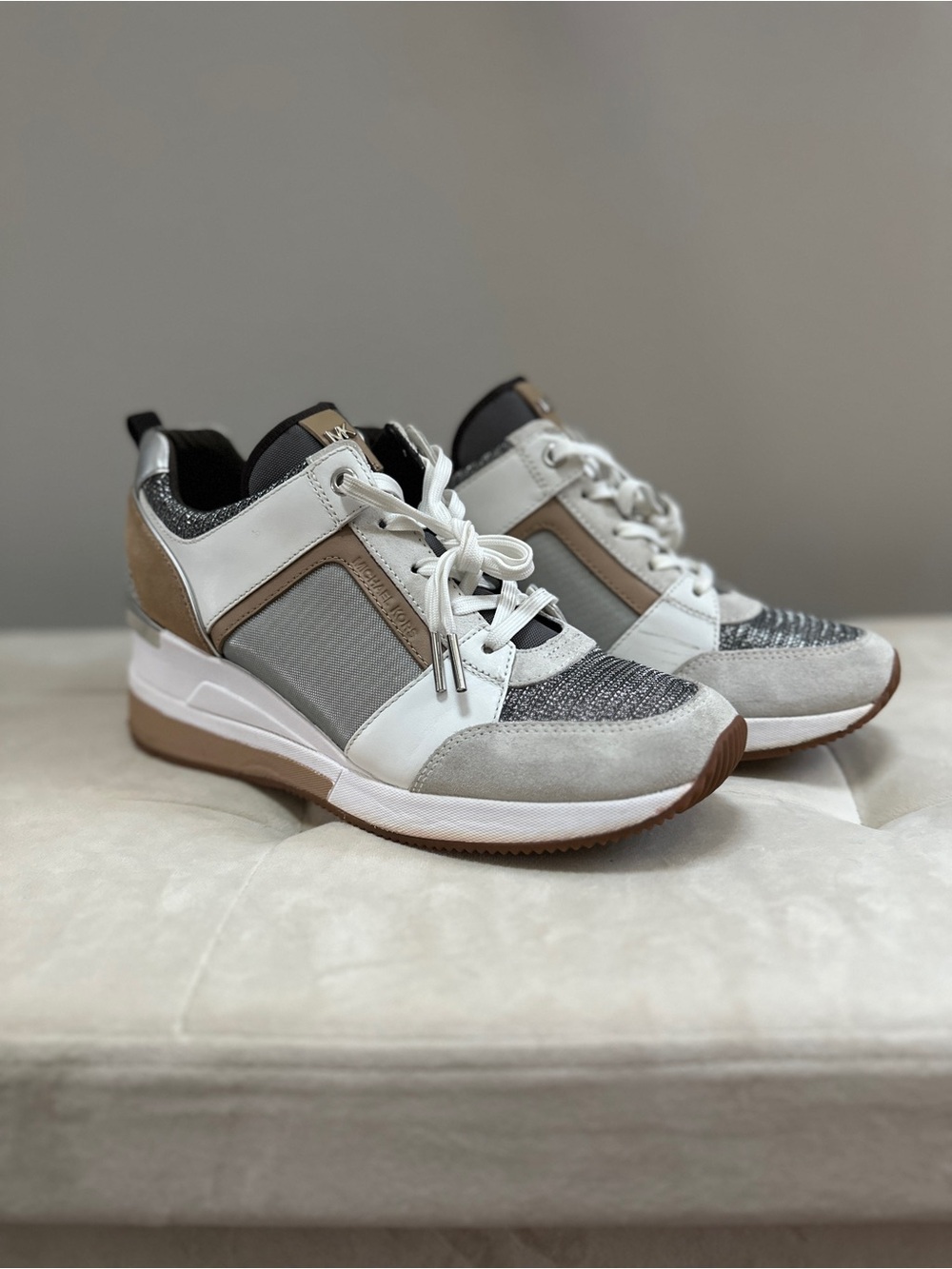 Michael Kors Georgie Mixed Media Trainer Sneakers White Multi Size 8.5